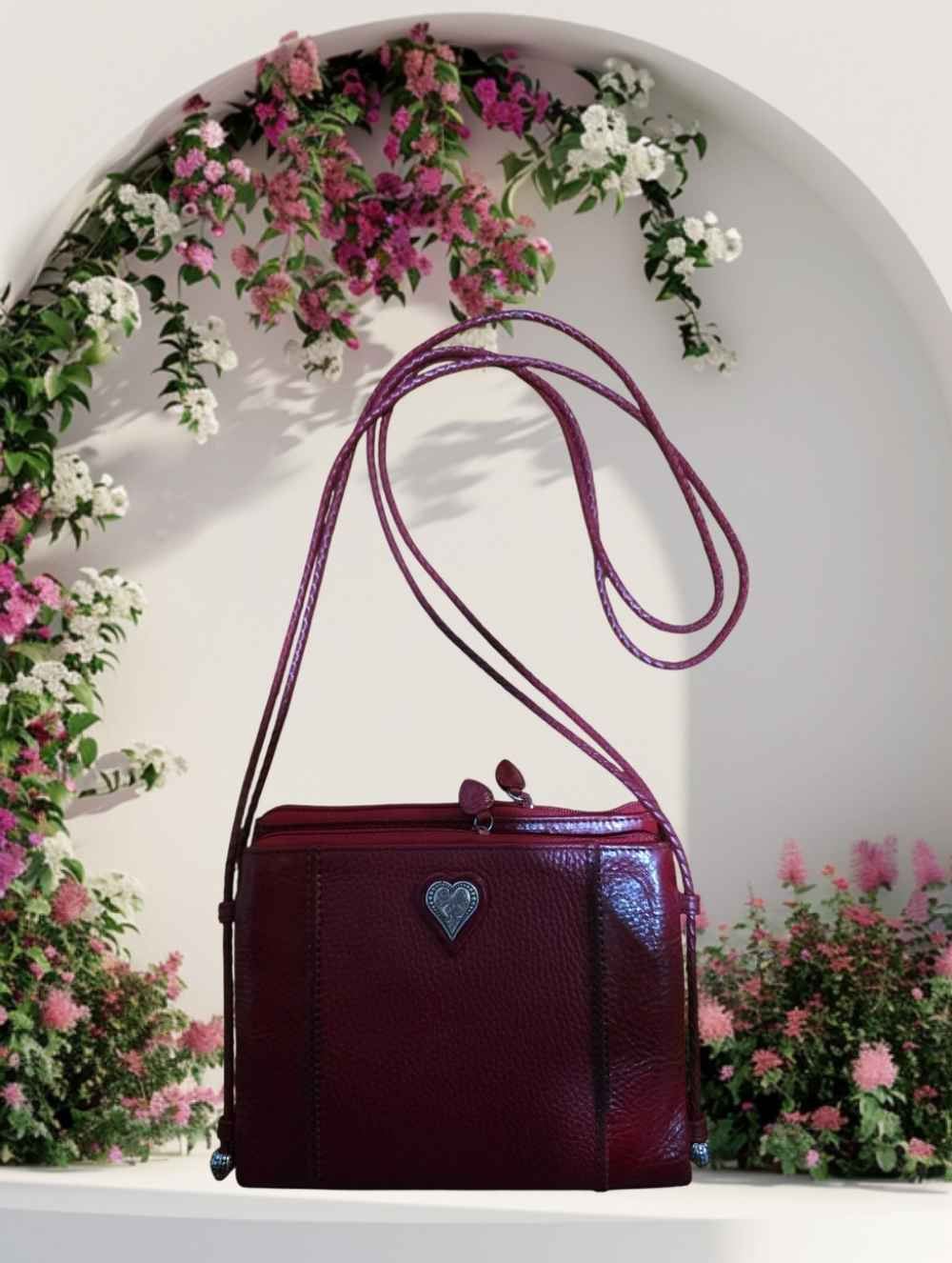 Brighton Red Leather Heart-Embellished Crossbody Bag